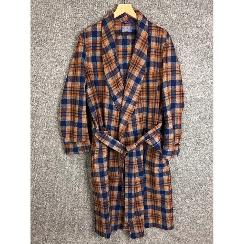 VINTAGE Pendleton Robe Mens L Orange Plaid Virgin Wool USA Made Belted